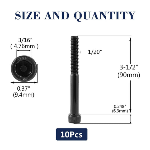 Beefy 1/4-20 X 3-1/2 Socket Head Cap Screws 10 Pack dimensions with hex drive and length measurements.