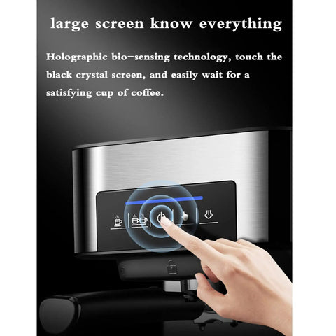 Kickass Semi Automatic Espresso Machine With 20 Bar Pump And Italian Style Frothing Wand For Hella Creamy Cappuccinos Featuring 1.6L Removable Water Tank touch panel with holographic screen.