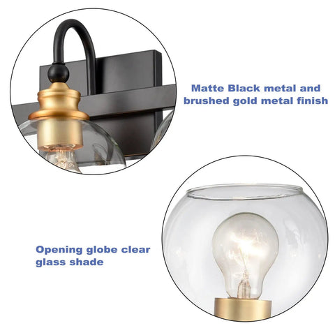 Close-up of Globe Glass Shade 4 Light Wall Sconce For Bathroom Vanity Over Mirror In Matte Black With Brushed Gold Accents.