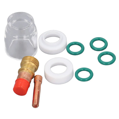 Top Tier 9 Piece TIG Welding Torch Kit With Collet Gas Lens Glass Cup Gasket O Ring For WP 17 18 26 Silly Brass Consumables Steel parts including gasket and lens.