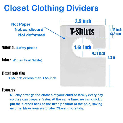 Diagram of Pearl White Large Rectangular Closet Dividers Set With 16 Clothing Rack Size Dividers showing dimensions and features