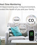 Portable CO2 Monitor And Sensor With Real Time CO2 Temperature Humidity And Pressure Three In One Air Quality Meter next to sofa