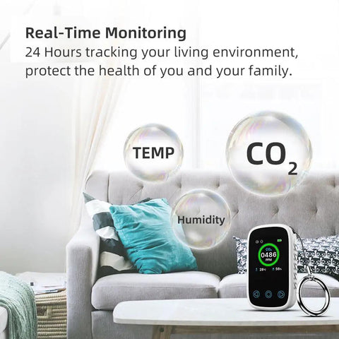 Portable CO2 Monitor And Sensor With Real Time CO2 Temperature Humidity And Pressure Three In One Air Quality Meter next to sofa