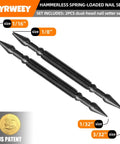 Top Shelf Two Piece Dual Head Spring Nail Punch Setter featuring four practical sizes 1/16, 1/8, 1/32, 3/32-inch tips and spring-loaded design.