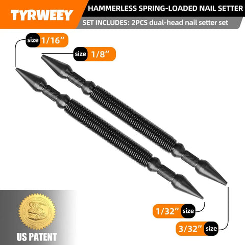 Top Shelf Two Piece Dual Head Spring Nail Punch Setter featuring four practical sizes 1/16, 1/8, 1/32, 3/32-inch tips and spring-loaded design.