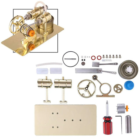 Stirling Engine Kit DIY Assembly Hands On Generator Model For Physical Experiments Premium Metal Build With Golden Finish Easy To Assemble Educational Toy For Makers And Students, gold parts laid out