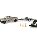 One Thirty Two Scale Die Cast Skid Steer And Pickup Truck Construction Toy Set With Trailer And Cones Plus Worker Figure