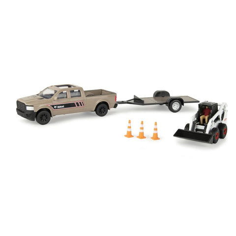 One Thirty Two Scale Die Cast Skid Steer And Pickup Truck Construction Toy Set With Trailer And Cones Plus Worker Figure
