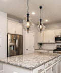 Kitchen setting with Rustic Farmhouse Pendant Light With Adjustable Height over island, showcasing a vintage wood hanging lamp.