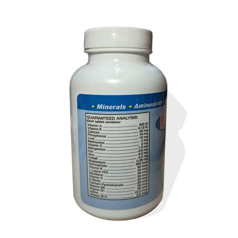 Side view of Complete Pigeon Vitamin And Mineral Supplement With Liver Enriched Formula and nutritional information label