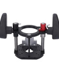 Built Like A Tank Aluminum Alloy Router Table Lift Base with Dead Nuts Accurate 65mm Plunge Mounting Plate, black and red handles.