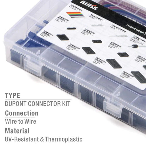 Crazy Versatile 1550 Pieces Dupont Connector Kit With 2.54mm Pitch in clear storage case, wire-to-wire connectors visible