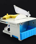 Heavy Duty Benchtop Table Saw With Rip Through Power For Wood And Metal, side view showcasing yellow control and blue container.