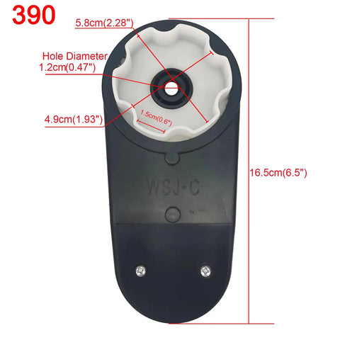 Front view of Two Pack RS390 6V Gearbox with dimensions highlighted, black and white alloy build, for ride-on toy upgrade