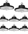 Heavy Duty Led High Bay Lights With Motion Sensor 8 Pack adjustable wattage in black, designed for warehouses and industrial use.