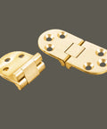 Heavy Duty Solid Brass Flap Hinges For Butler Tray Tables And Portable Flip Tops. Close-up view showing two hinges with round edges.