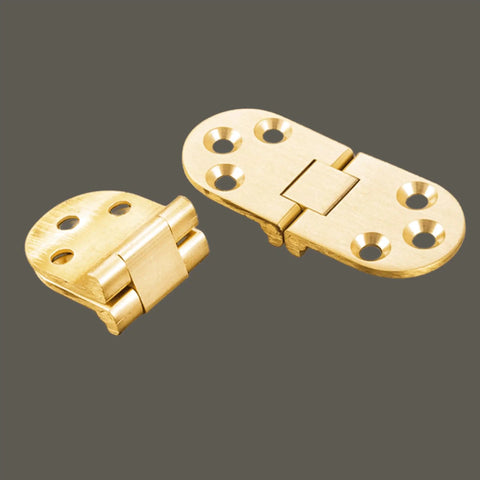 Heavy Duty Solid Brass Flap Hinges For Butler Tray Tables And Portable Flip Tops. Close-up view showing two hinges with round edges.