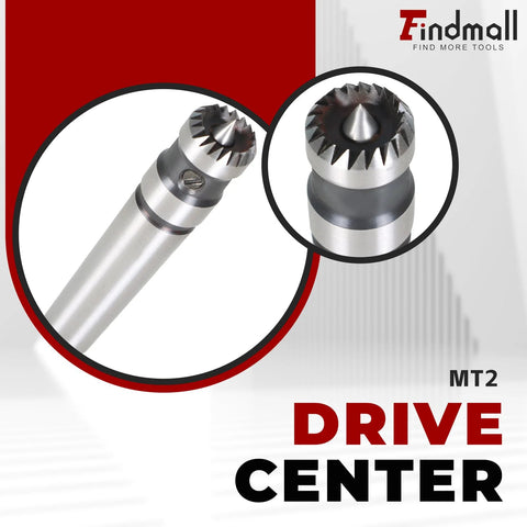 Findmall 2MT wood lathe drive center with 5/8in shank; front and close-up views of toothed steel tip