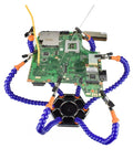 Third Hand Soldering Station with Magnifier LED Light, PCB Holder, Six Gooseneck Arms holding a circuit board