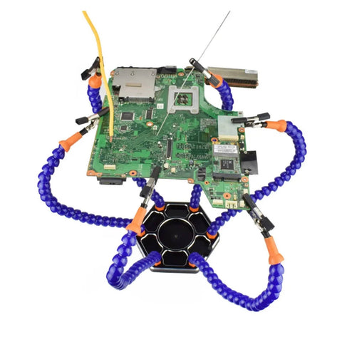 Third Hand Soldering Station with Magnifier LED Light, PCB Holder, Six Gooseneck Arms holding a circuit board