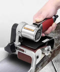 Heavy Duty Pneumatic Belt Sander Handheld Grinder Machine 7000 Rpm used on wood surface for polishing and smoothing.