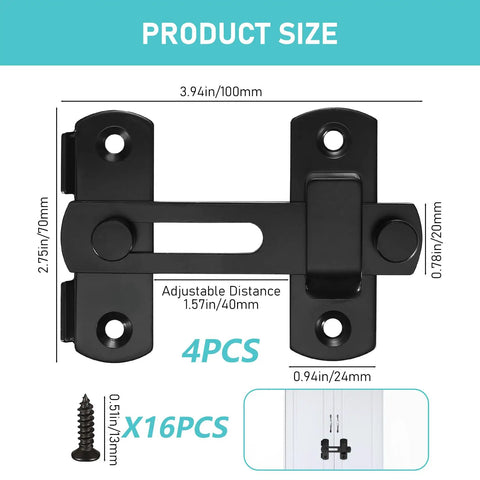 Four Pack Black Stainless Steel Sliding Barn Door Latches Featuring A 180 Degree Flip Bolt Setup And Hella Smooth Corrosion Resistant Coating for 2.75in size.