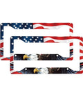 American Flag Bald Eagle License Plate Frame 2 Pack for Cars Rustproof Aluminum Plate Holder With Screw Caps Patriotic Metal Tag Frame Fits Standard 12x6 Inch US Plates