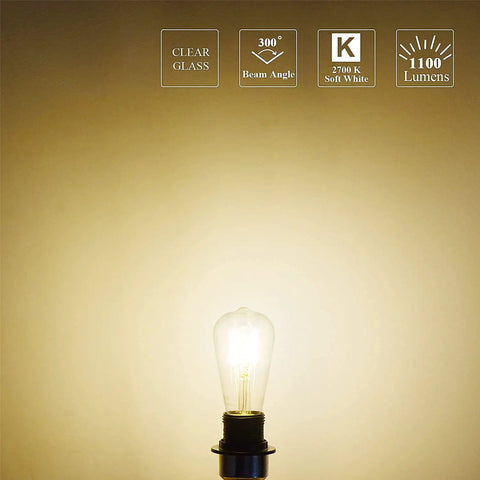 Retro E26 LED Filament Bulb ST21 Glass Edison Style emitting warm 2700K soft white light with 1100 lumens, 300° beam angle.