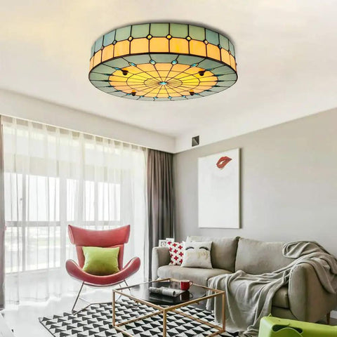Vintage Tiffany Style Mermaid Glass Ceiling Light Hand Made Flush Mount Lamp in a modern living room setting