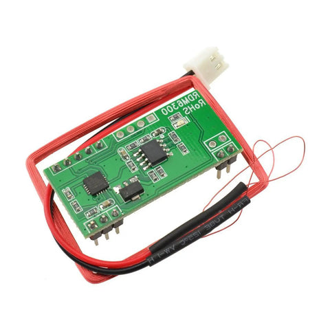 RDM6300 125kHz RFID card read module with EM4100 support for Arduino and UART serial output, green PCB with red antenna loop.