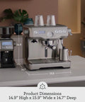 Dual Boiler Espresso Machine in Brushed Stainless Steel Featuring 58mm Commercial Portafilter and Precision Temp Control with dimensions 14.9" H x 15.9" W x 14.7" D.
