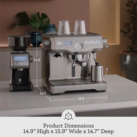 Dual Boiler Espresso Machine in Brushed Stainless Steel Featuring 58mm Commercial Portafilter and Precision Temp Control with dimensions 14.9" H x 15.9" W x 14.7" D.