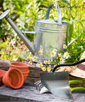 Workhorse Triangle Hoe Garden Tool With Hardened Steel Plow Head for gardening next to watering can and pots