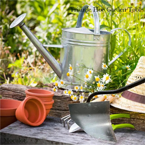 Workhorse Triangle Hoe Garden Tool With Hardened Steel Plow Head for gardening next to watering can and pots