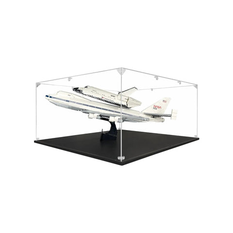 Clear Acrylic Display Case For Lego Builds With Sturdy Platform And Dustproof Lid showing a model space shuttle on a black base.