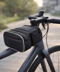 Black Dope Durable Bike Frame Bag For Long Rides, 20x16x6cm Canvas Full Frame Storage With Zipper Closure attached to a bicycle.