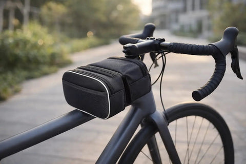 Black Dope Durable Bike Frame Bag For Long Rides, 20x16x6cm Canvas Full Frame Storage With Zipper Closure attached to a bicycle.