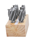 Accusize 6-piece HSS end mills set for Bridgeport, 3/4 in shanks, 4- and 6-flute in wooden block