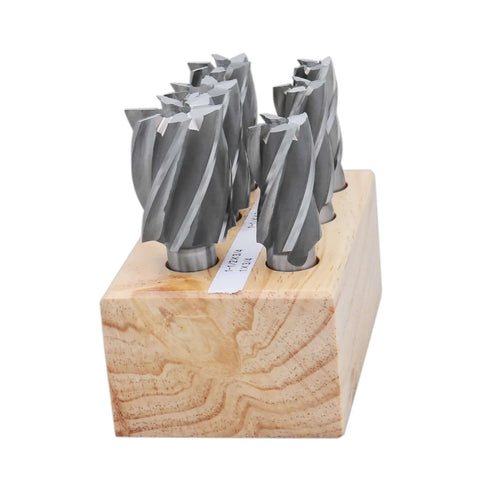 Accusize 6-piece HSS end mills set for Bridgeport, 3/4 in shanks, 4- and 6-flute in wooden block
