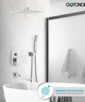 Polished Chrome Rain Shower Mixer Faucet Set With Waterfall Tub Spout 12 Inch Square Rainfall Head Ceiling Mount With Handheld Sprayer All In One Rough In Valve And Trim Included, shown installed in a modern bathroom with a bathtub.
