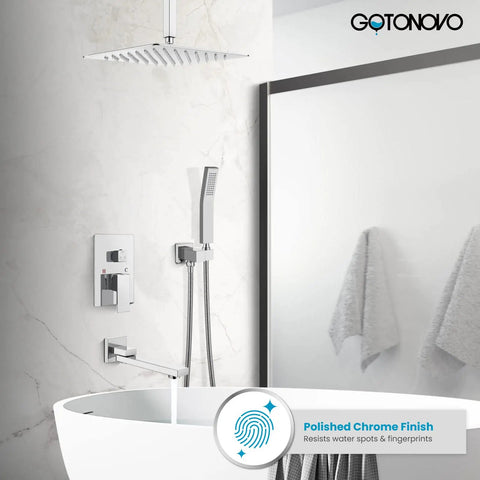Polished Chrome Rain Shower Mixer Faucet Set With Waterfall Tub Spout 12 Inch Square Rainfall Head Ceiling Mount With Handheld Sprayer All In One Rough In Valve And Trim Included, shown installed in a modern bathroom with a bathtub.
