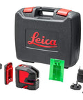 Knockout Green Beam Cross Line Laser Level For Hella Visible Layout Marks And Super Sharp Wall Grids With Effortless Drywall Tiling Setup On Tough Jobs in a carrying case with accessories.