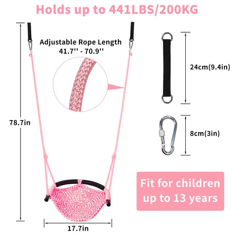 Kid Friendly Rope Swing Seat For Indoor Outdoor Playset, Adjustable Toddler Swing With Snap Hooks And Straps, Pink, 441 lbs capacity