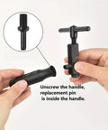 Universal Bike Chain Breaker Tool For 1 To 13 Speed Chains With Spare Replaceable Pin being unscrewed to reveal spare pin inside handle