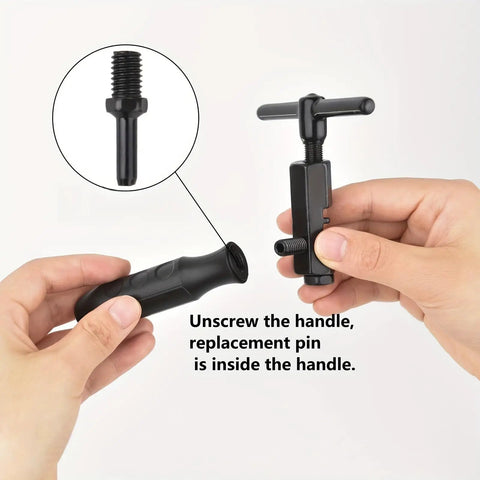 Universal Bike Chain Breaker Tool For 1 To 13 Speed Chains With Spare Replaceable Pin being unscrewed to reveal spare pin inside handle