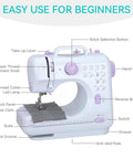 Front view of Portable Mini Sewing Machine For Beginners With Dual Speed And 12 Stitches Foot Pedal and Accessories Kit labeled features