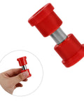 Golf Cart Bushing Sleeve Kit 8pc Front And Rear Leaf Spring Replacement Rubber And Plastic Bushings Beefed Up Suspension Upgrade For Easy Install And Smooth Ride, red bushing detail with hand scale.