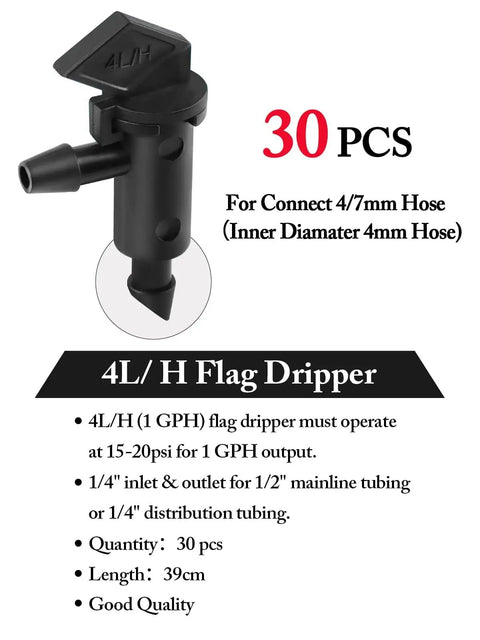 4L/H flag dripper for 1/2" mainline tubing, 30 pieces, suitable for 1 GPH output in the 90 Piece Flag Dripper Kit for Garden Irrigation.