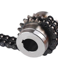 Pro Grade Roller Chain Coupling Kc6022 Clamp Style Aluminum Hubs And Stainless Steel Discs close-up of steel chain and gear.