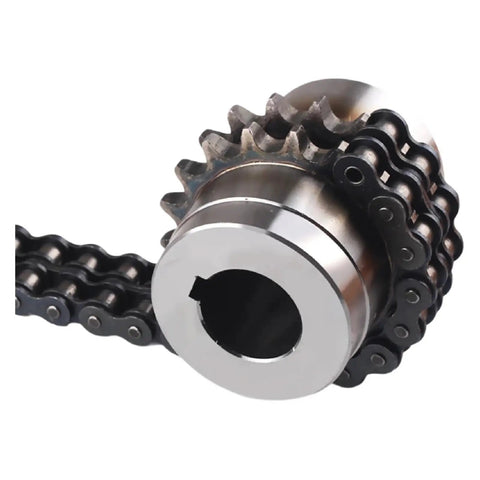 Pro Grade Roller Chain Coupling Kc6022 Clamp Style Aluminum Hubs And Stainless Steel Discs close-up of steel chain and gear.